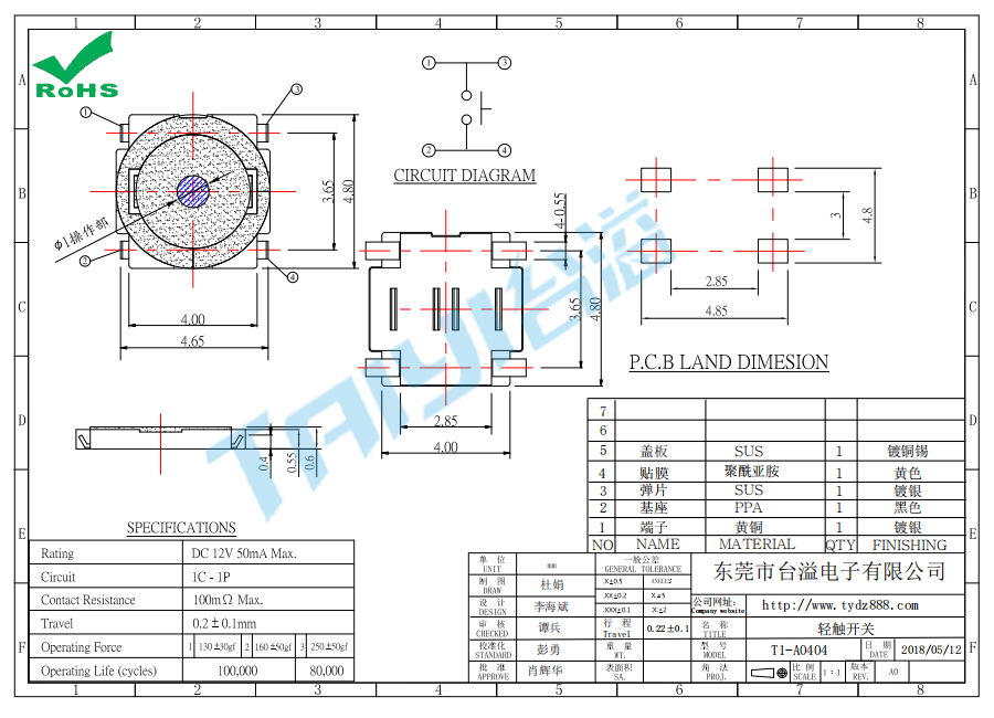 4.5*4.5輕觸開關(guān)T1-A0404