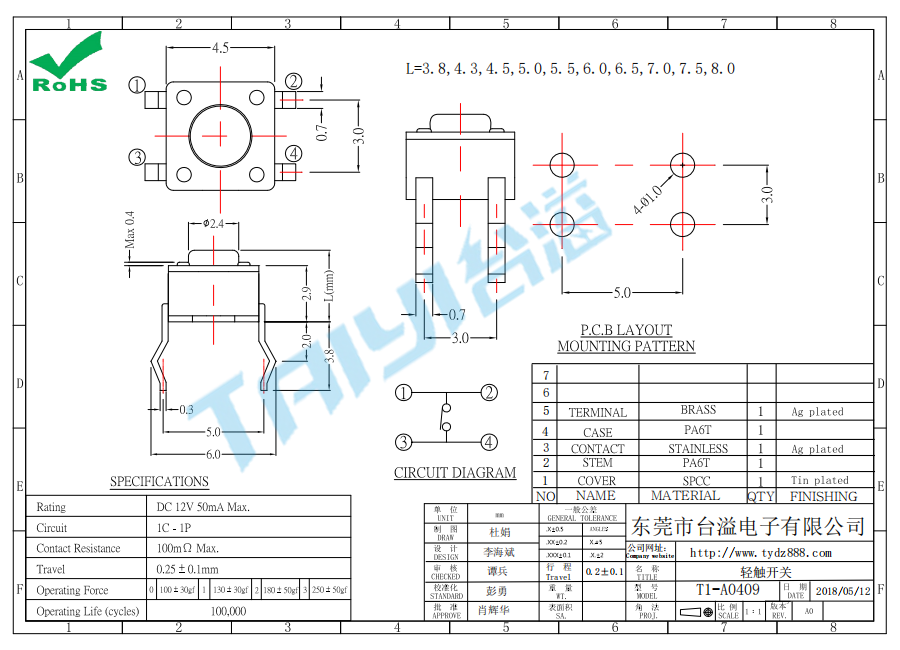 4.5*4.5輕觸開關(guān)T1-A0409