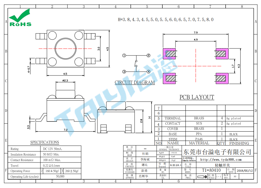 4.5*4.5輕觸開(kāi)關(guān)T1-A0410
