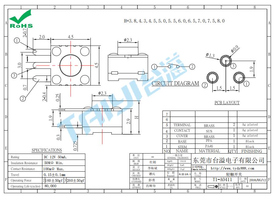 4.5*4.5輕觸開關(guān)T1-A0411