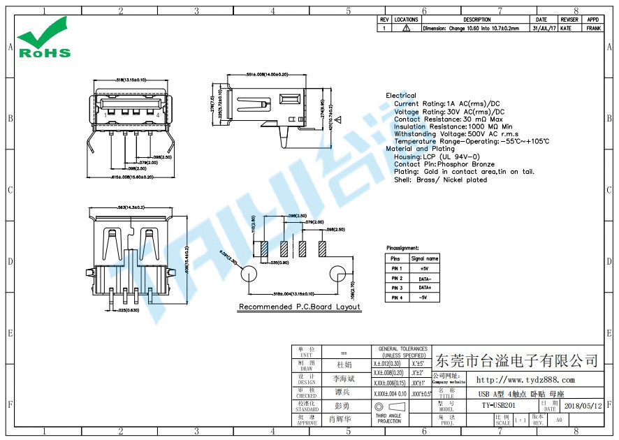 201USB A型 4觸點 臥貼 母座