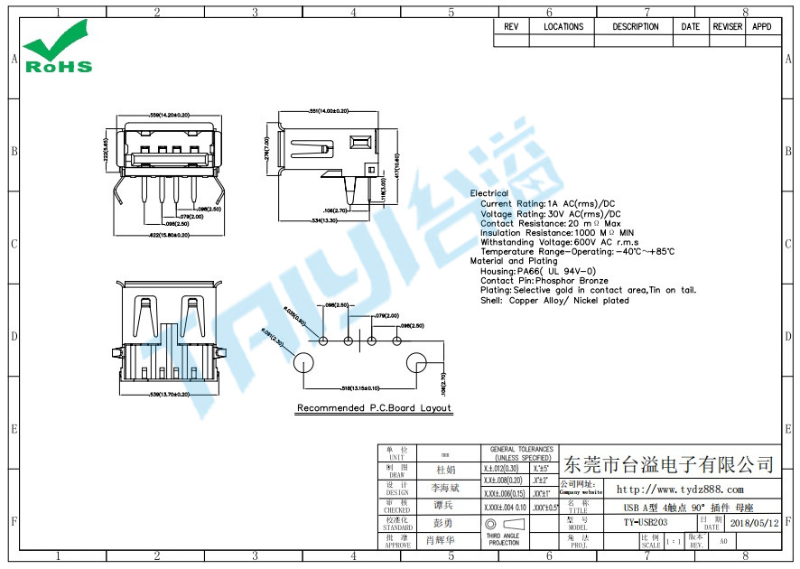 203USB A型 4觸點 90°插件 母座