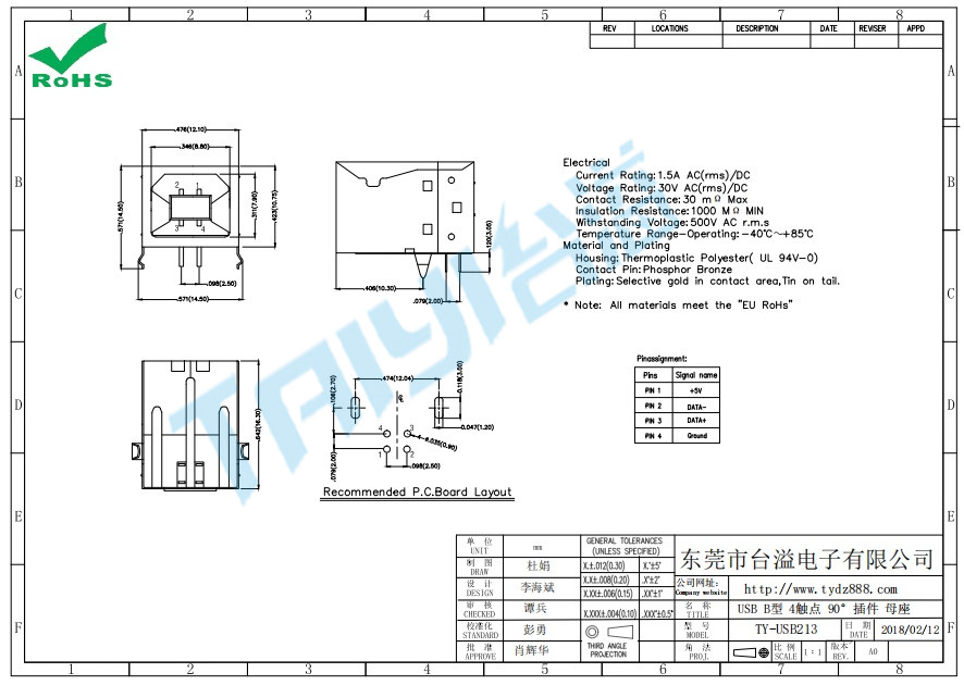 213 USB B型 4觸點(diǎn) 90°插件 母座
