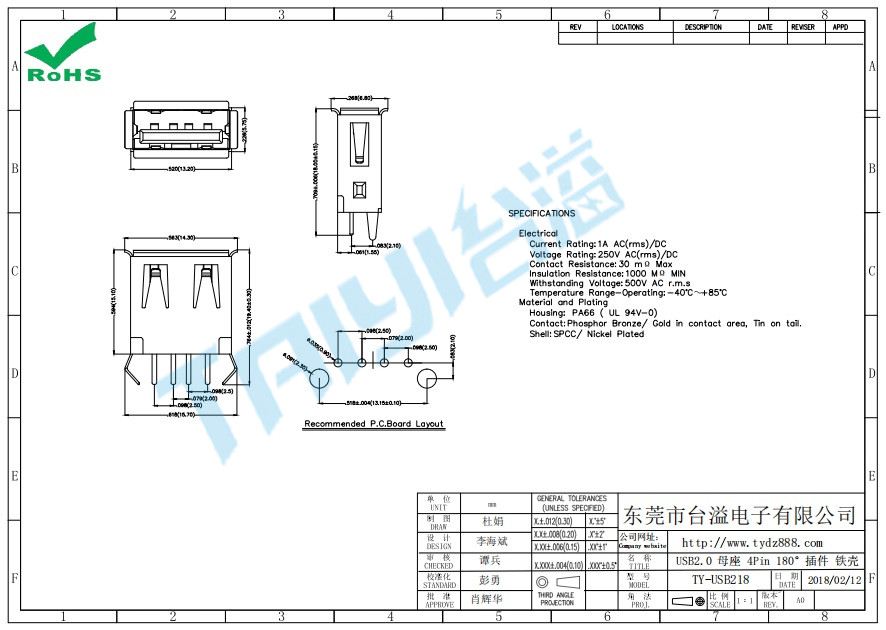 218 USB2.0 母座 4Pin 180°插件 鐵殼