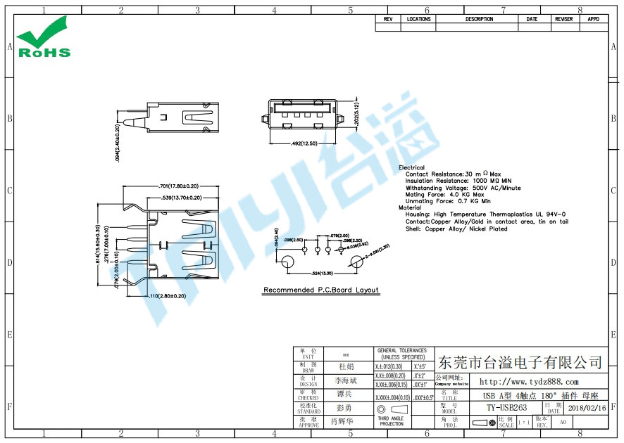 263 USB A型 4觸點 180°插件 母座