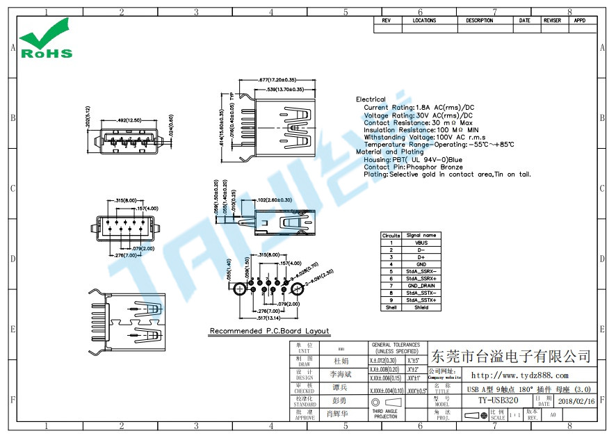 320 USB A型 9觸點(diǎn) 180°插件 母座 (3.0)