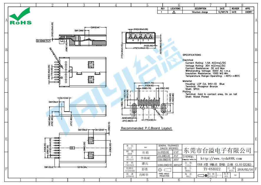 322 USB A型 9觸點(diǎn) 臥貼 公座 (3.0)(沉板)