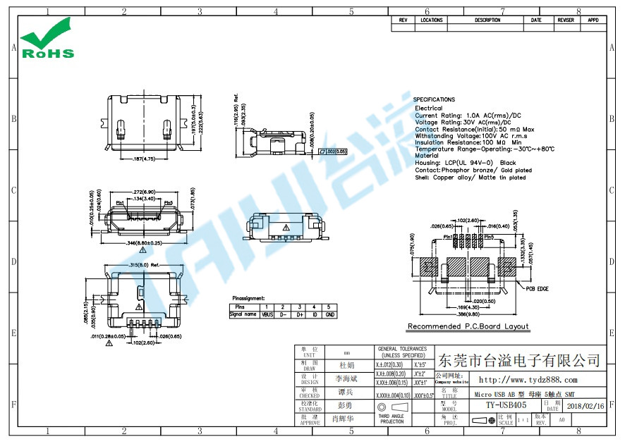 405 Micro USB AB 型 母座 5觸點 SMT