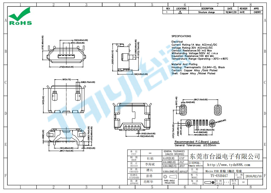 447 Micro USB 臥貼 5觸點 母座