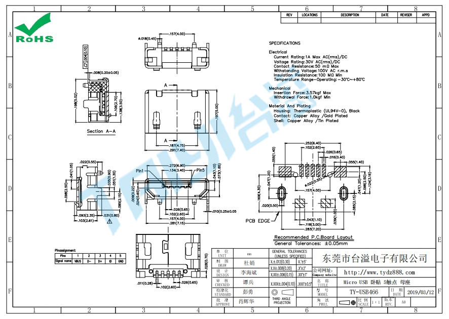 466 Micro USB 臥貼 5觸點 母座