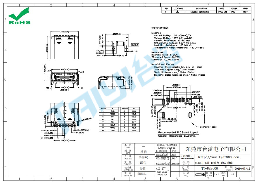 606 USB3.1 C型 16觸點 臥貼 母座