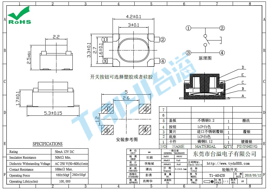 4.2*3.2輕觸開關(guān)T1-A0420
