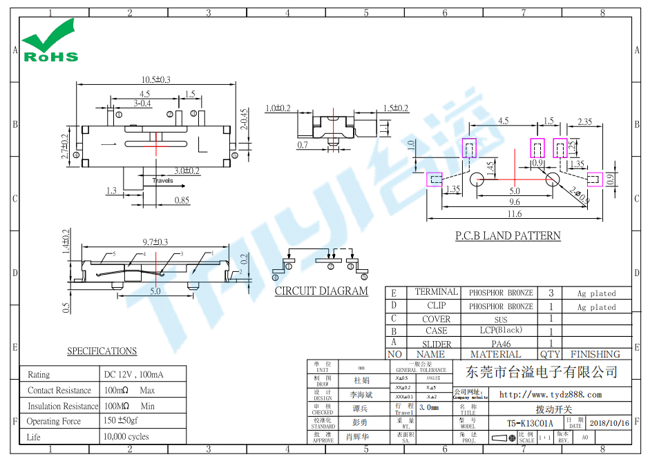 mini撥動開關(guān)T5-K13C01A