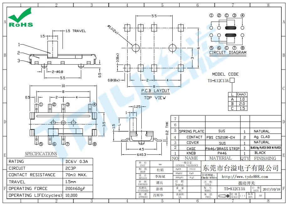 mini撥動(dòng)開關(guān)T5-K12C13A