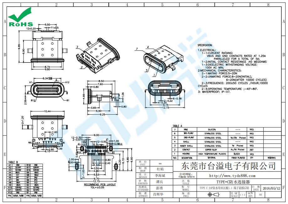 TYPE-C防水母座沉板1.1  24P前插后貼
