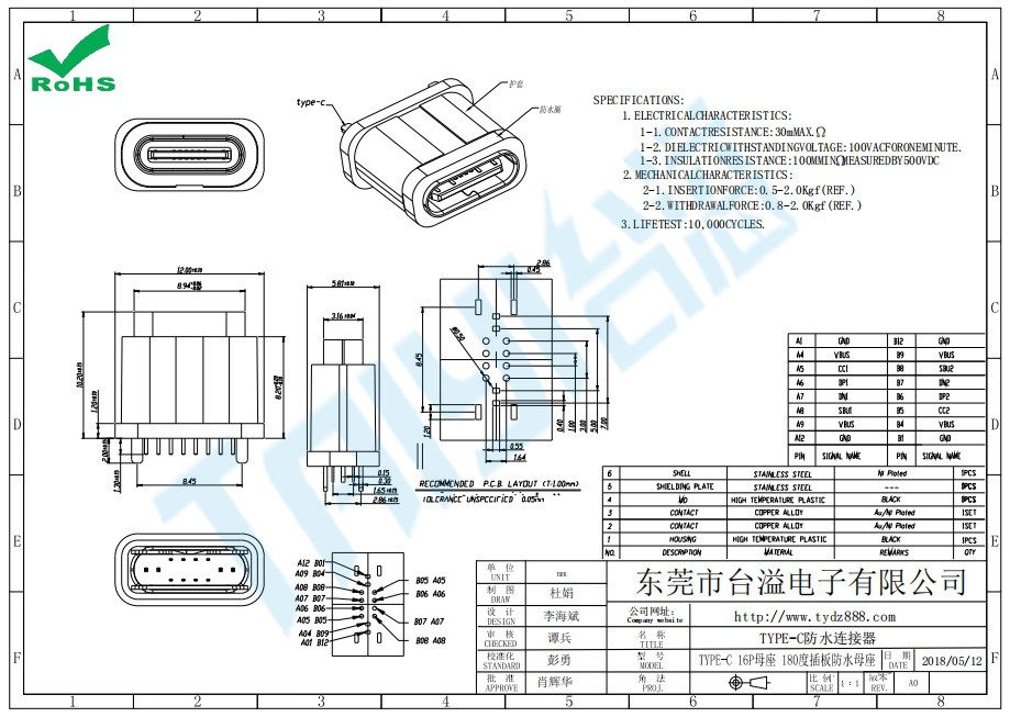 TYPE-C 16P 防水母座 直插10.0