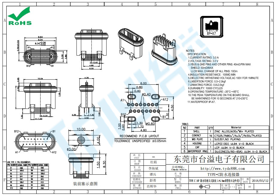 TYPE C 16P 防水母座立式插板 L=6.8mm(U型粉末金外殼)