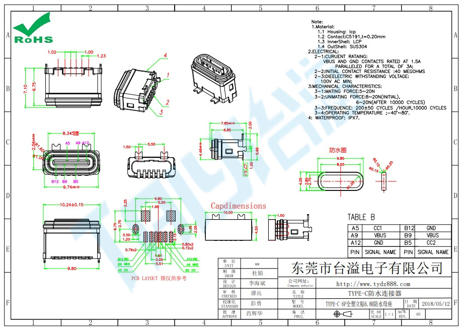 TYPE-C 6P全塑立貼6.8H防水母座